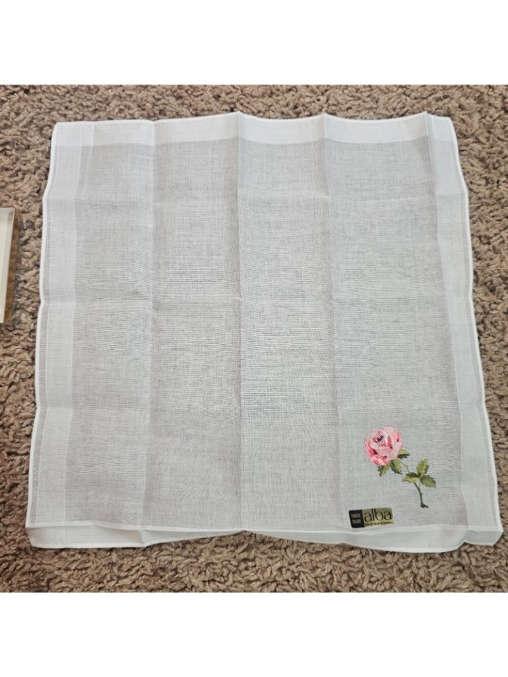Vintage Alba Swiss Handkerchief Pink Rose Embroidery 11x11 100% Cotton NWT - Picture 4 of 9